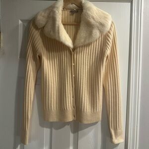 Ann Taylor Cream cashmere Cardigan with fur collar